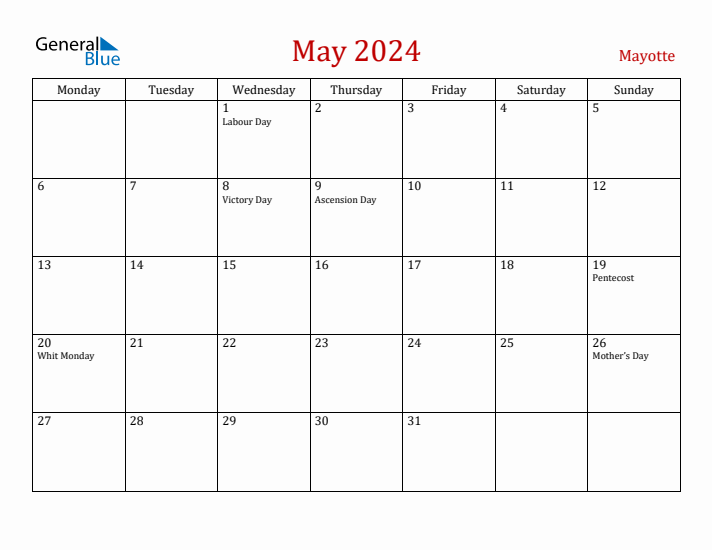 Mayotte May 2024 Calendar - Monday Start