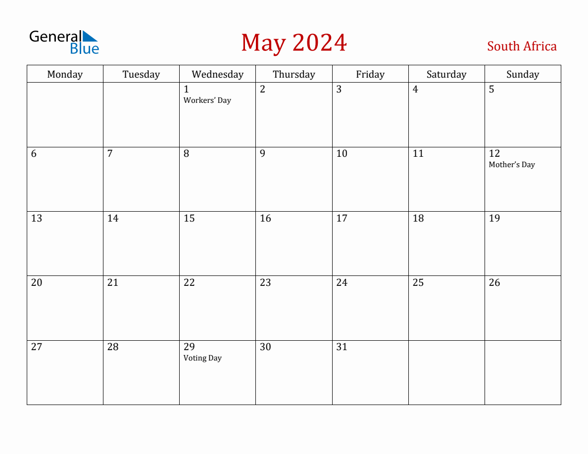 May 2024 South Africa Monthly Calendar with Holidays