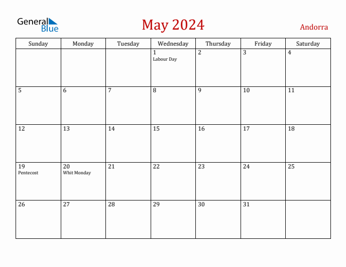 Andorra May 2024 Calendar - Sunday Start