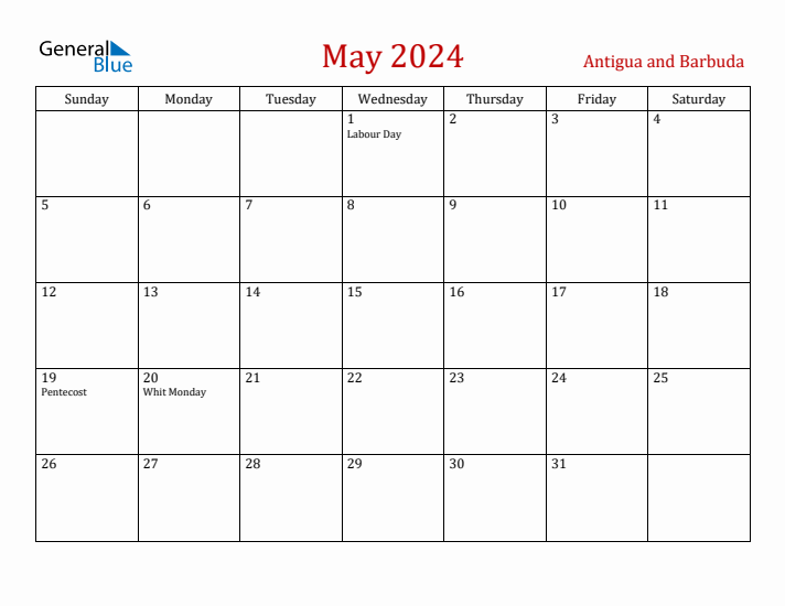 Antigua and Barbuda May 2024 Calendar - Sunday Start
