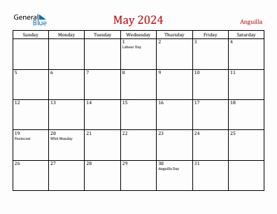 Current month calendar with Anguilla holidays for May 2024