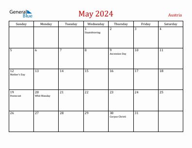 Current month calendar with Austria holidays for May 2024