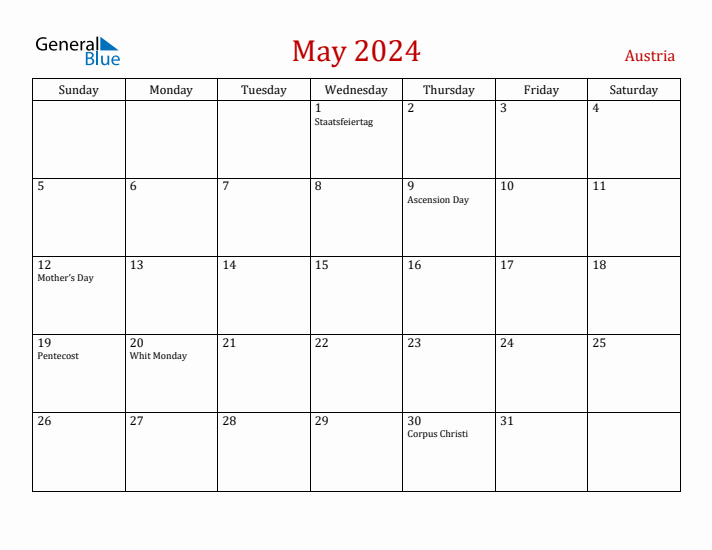 Austria May 2024 Calendar - Sunday Start
