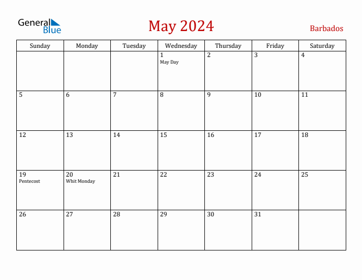 Barbados May 2024 Calendar - Sunday Start