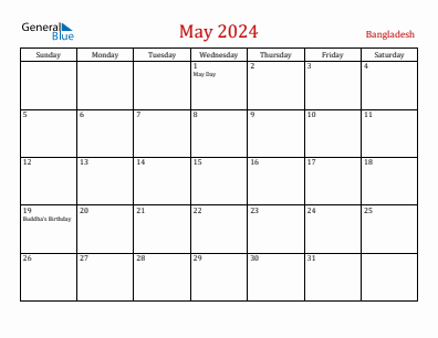 Current month calendar with Bangladesh holidays for May 2024