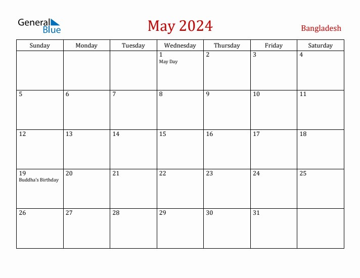 Bangladesh May 2024 Calendar - Sunday Start