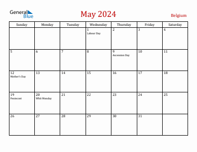 Current month calendar with Belgium holidays for May 2024