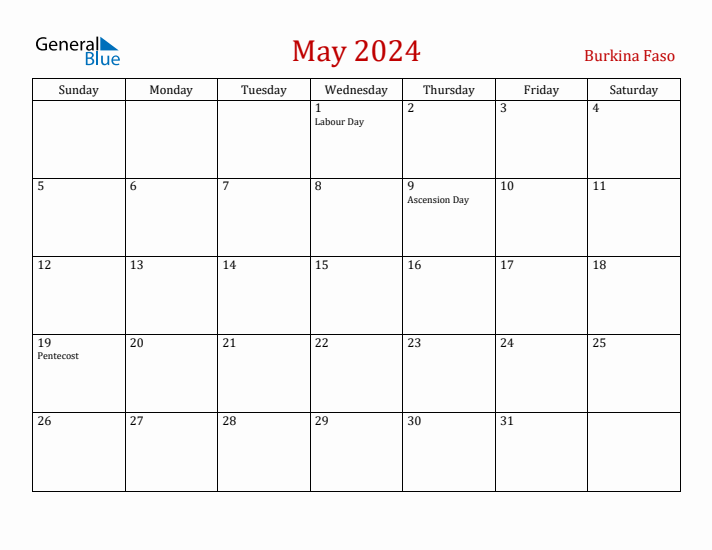 Burkina Faso May 2024 Calendar - Sunday Start