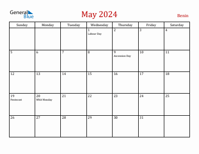 Current month calendar with Benin holidays for May 2024