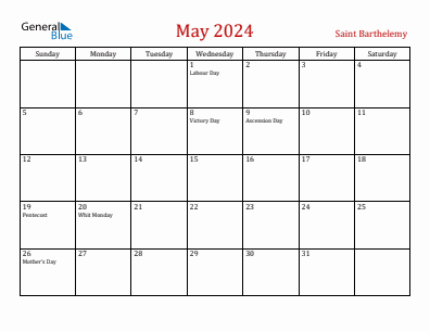 Current month calendar with Saint Barthelemy holidays for May 2024