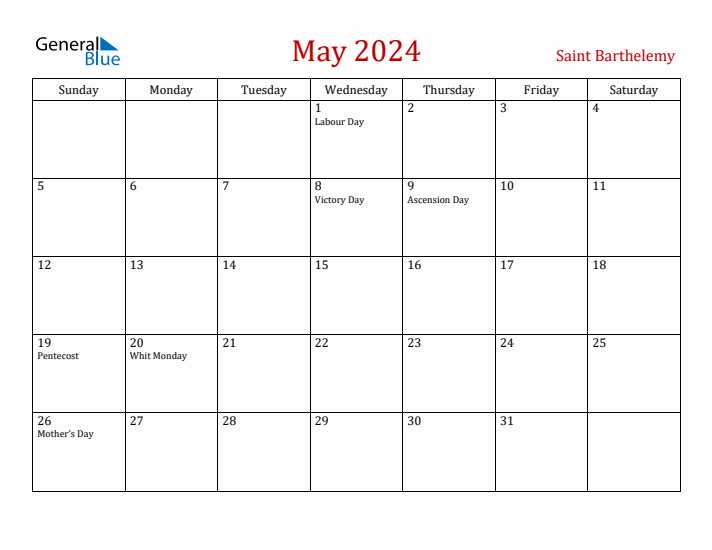 Saint Barthelemy May 2024 Calendar - Sunday Start