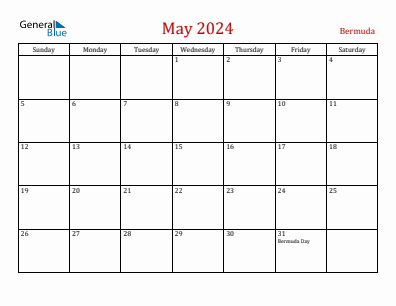 Current month calendar with Bermuda holidays for May 2024