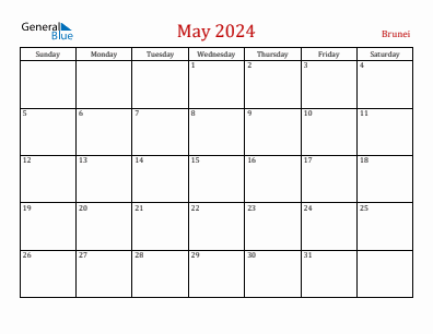 Current month calendar with Brunei holidays for May 2024