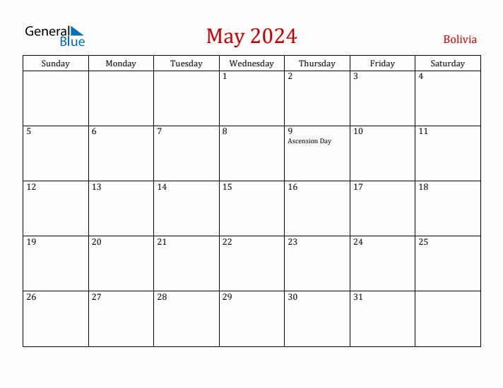 Bolivia May 2024 Calendar - Sunday Start