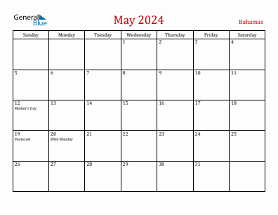 Current month calendar with Bahamas holidays for May 2024