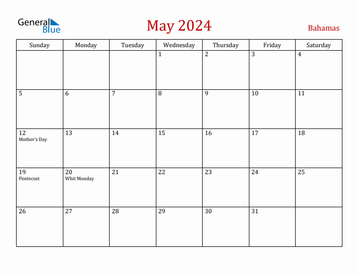 Bahamas May 2024 Calendar - Sunday Start