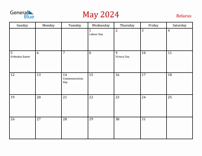 Current month calendar with Belarus holidays for May 2024