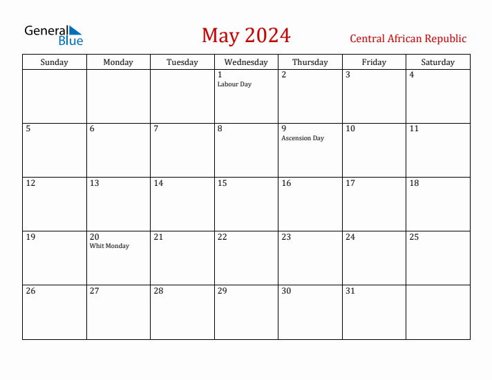 Central African Republic May 2024 Calendar - Sunday Start