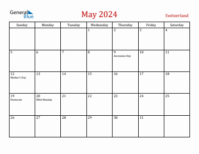 Current month calendar with Switzerland holidays for May 2024