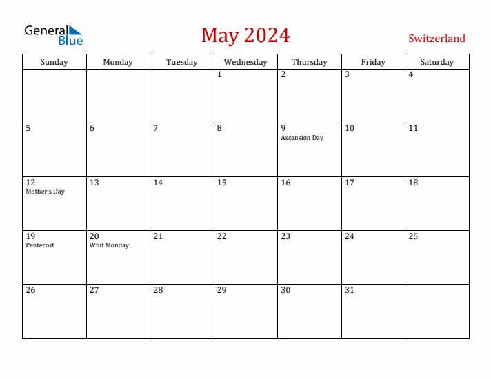 Switzerland May 2024 Calendar - Sunday Start