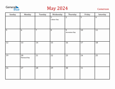 Current month calendar with Cameroon holidays for May 2024