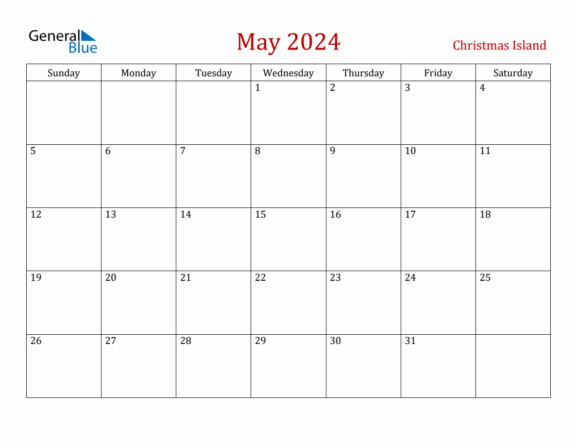 May 2024 Christmas Island Monthly Calendar with Holidays