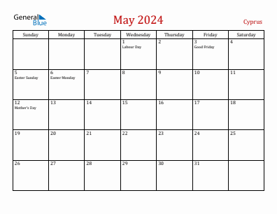 Current month calendar with Cyprus holidays for May 2024