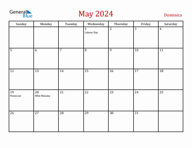 Current month calendar with Dominica holidays for May 2024
