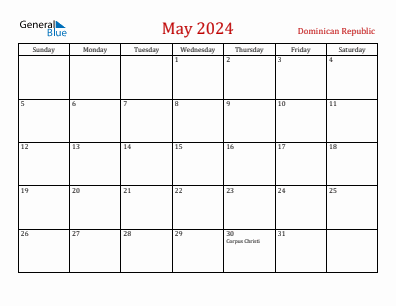 Current month calendar with Dominican Republic holidays for May 2024