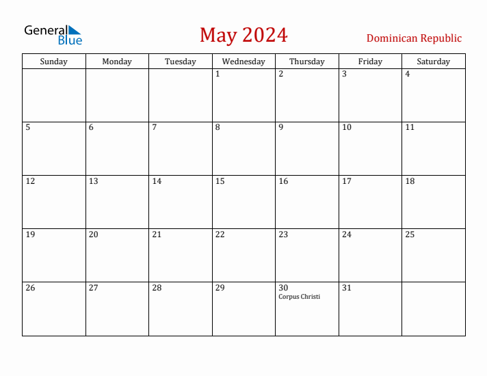 Dominican Republic May 2024 Calendar - Sunday Start