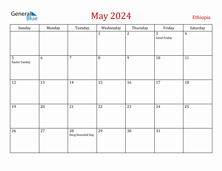 Ethiopia May 2024 Calendar - Sunday Start