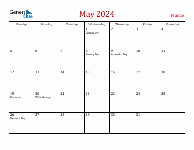 Current month calendar with France holidays for May 2024
