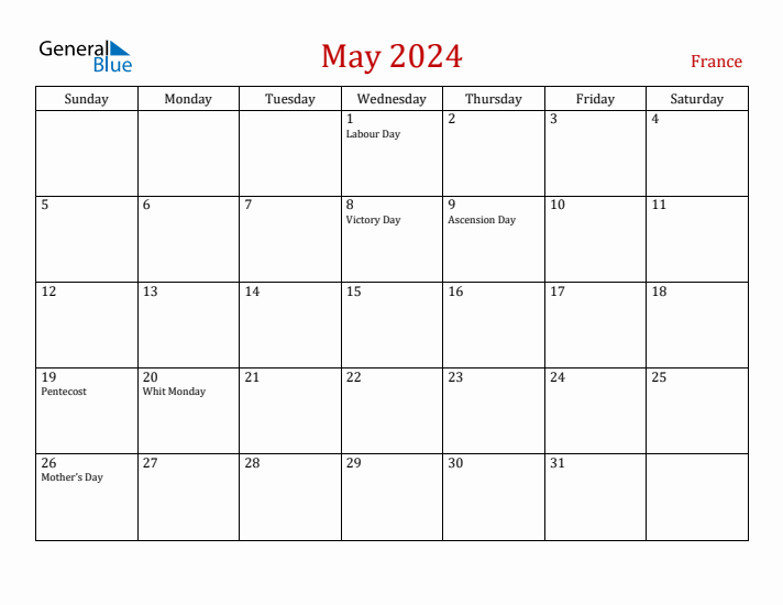 France May 2024 Calendar - Sunday Start