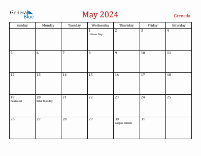 Current month calendar with Grenada holidays for May 2024