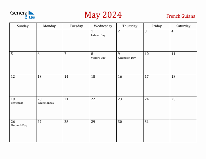French Guiana May 2024 Calendar - Sunday Start