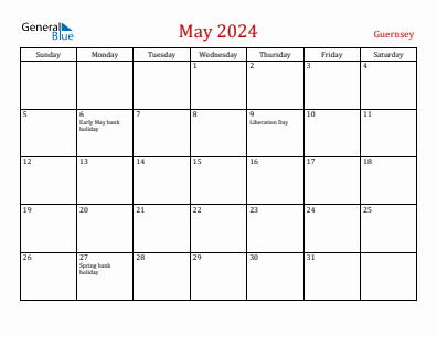 Current month calendar with Guernsey holidays for May 2024