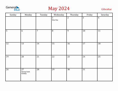 Current month calendar with Gibraltar holidays for May 2024