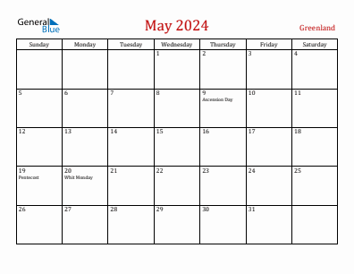 Current month calendar with Greenland holidays for May 2024