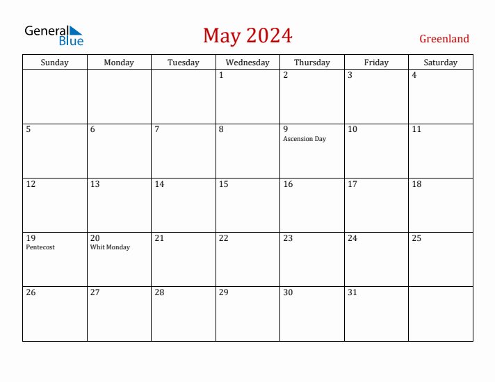 Greenland May 2024 Calendar - Sunday Start