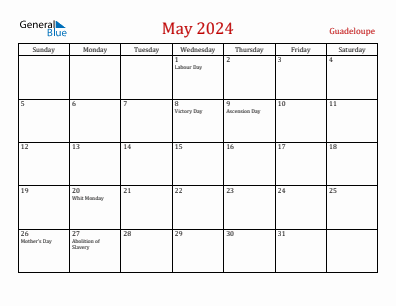 Current month calendar with Guadeloupe holidays for May 2024