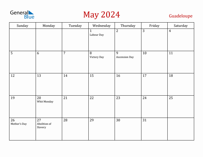 Guadeloupe May 2024 Calendar - Sunday Start