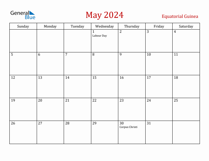 Equatorial Guinea May 2024 Calendar - Sunday Start