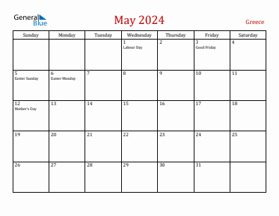 Current month calendar with Greece holidays for May 2024