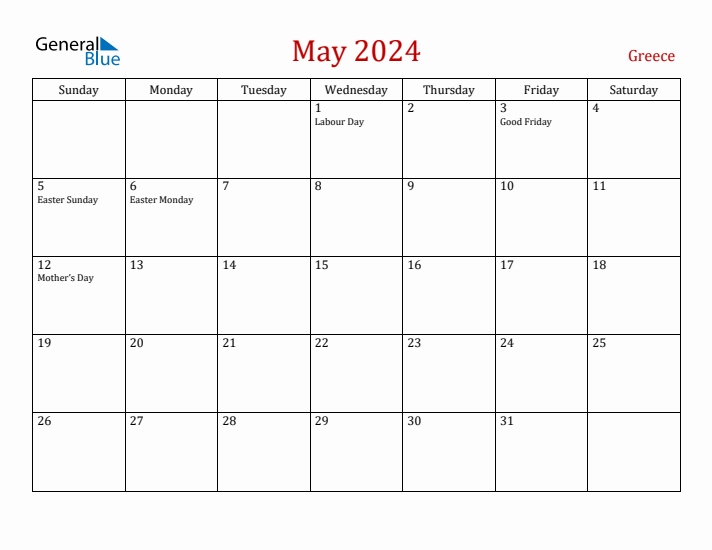 Greece May 2024 Calendar - Sunday Start