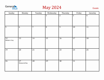 Current month calendar with Guam holidays for May 2024