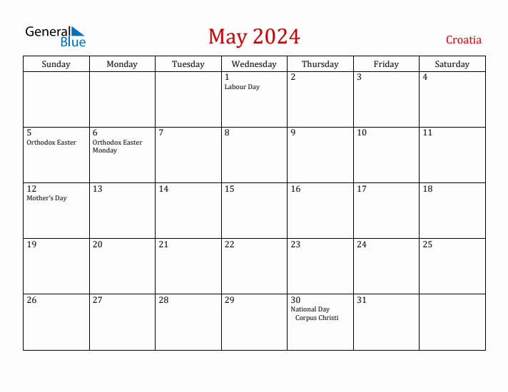 Croatia May 2024 Calendar - Sunday Start