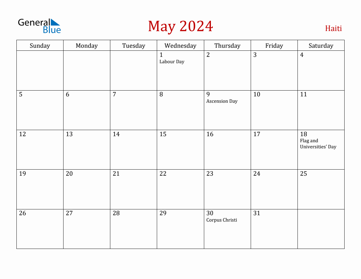 May 2024 Haiti Monthly Calendar with Holidays