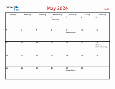 Current month calendar with Haiti holidays for May 2024