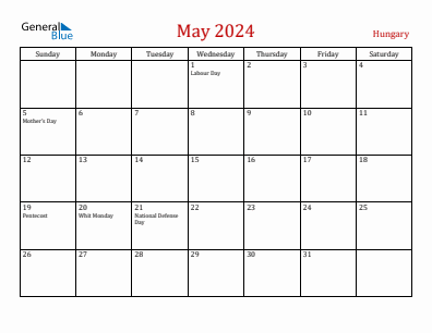 Current month calendar with Hungary holidays for May 2024
