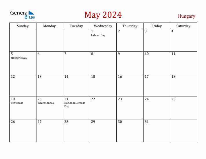 Hungary May 2024 Calendar - Sunday Start